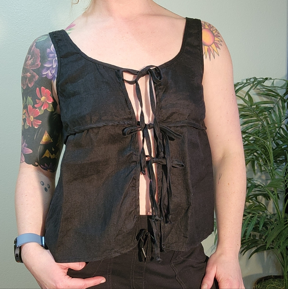 A.ren 100% Linen Tie Front Tank